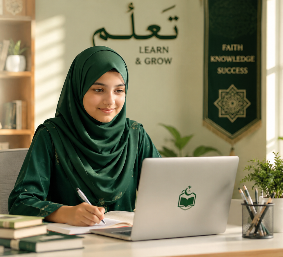A young student wearing scarf, attending a live online class on her laptop at home